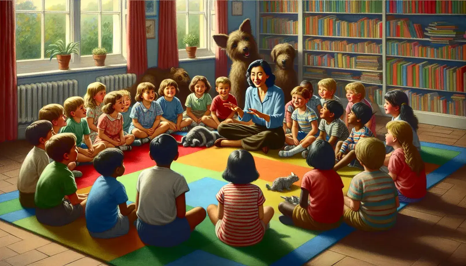 Niños de diversas etnias atentos a una narración de cuentos por una mujer sonriente en una alfombra colorida, con juguetes didácticos y estantería de libros al fondo.