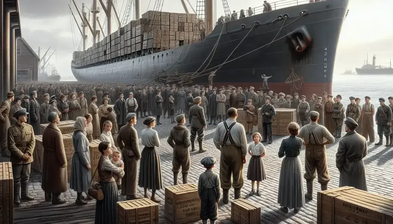 Late 1940s European port scene with hopeful civilians gazing at a docked cargo ship, workers unloading wooden crates, and a backdrop of war-torn buildings under a clear blue sky.