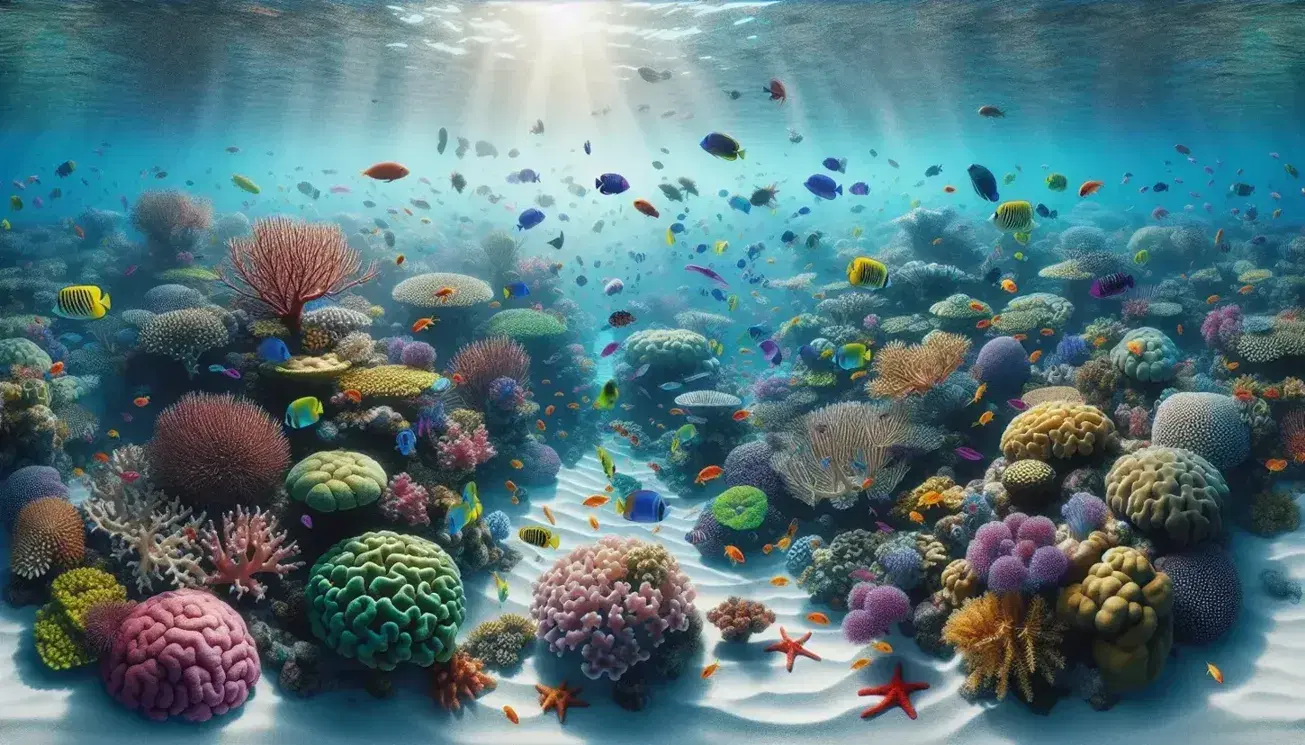 Arrecife de coral submarino con corales coloridos y peces tropicales entre anémonas y estrellas de mar bajo la luz solar difusa.