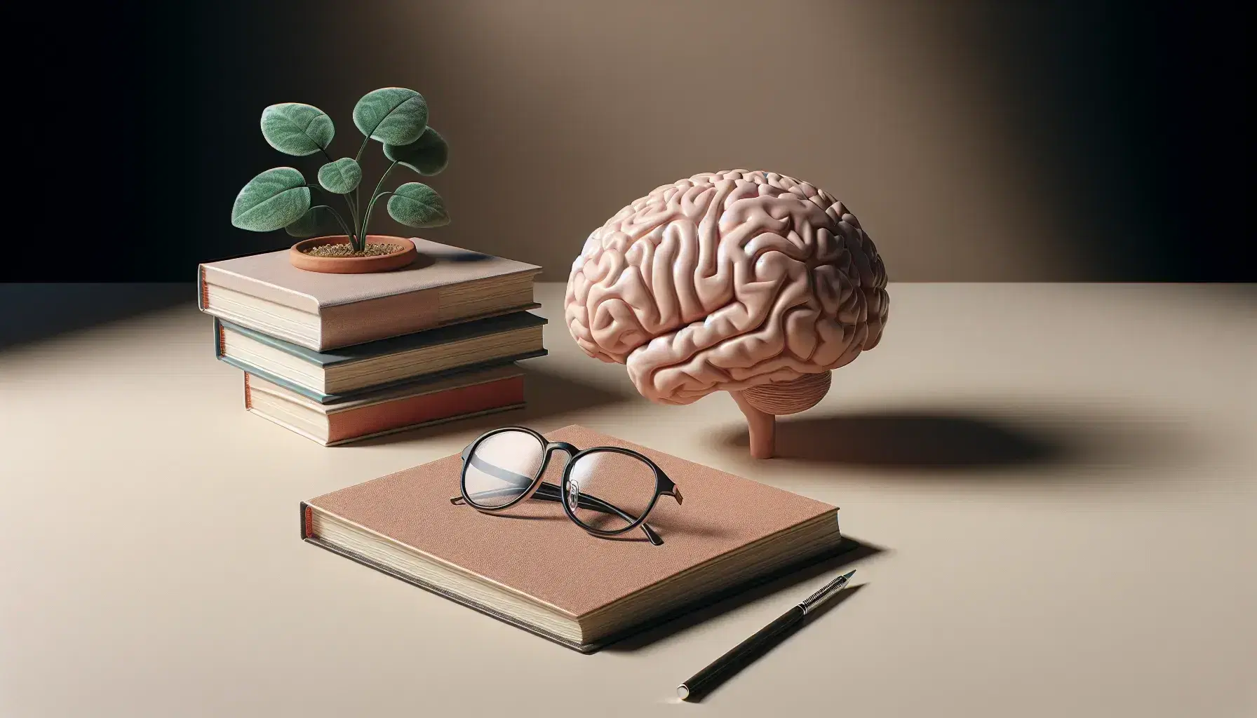 Detailed model of human brain on neutral background with black glasses on open notebook and green plant next to blurry stacked books.