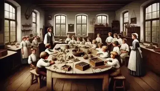 Aula scolastica del XVIII-XIX secolo con bambini attorno a un tavolo ovale, strumenti didattici sparsi e insegnante con libro, in stile Pestalozzi.