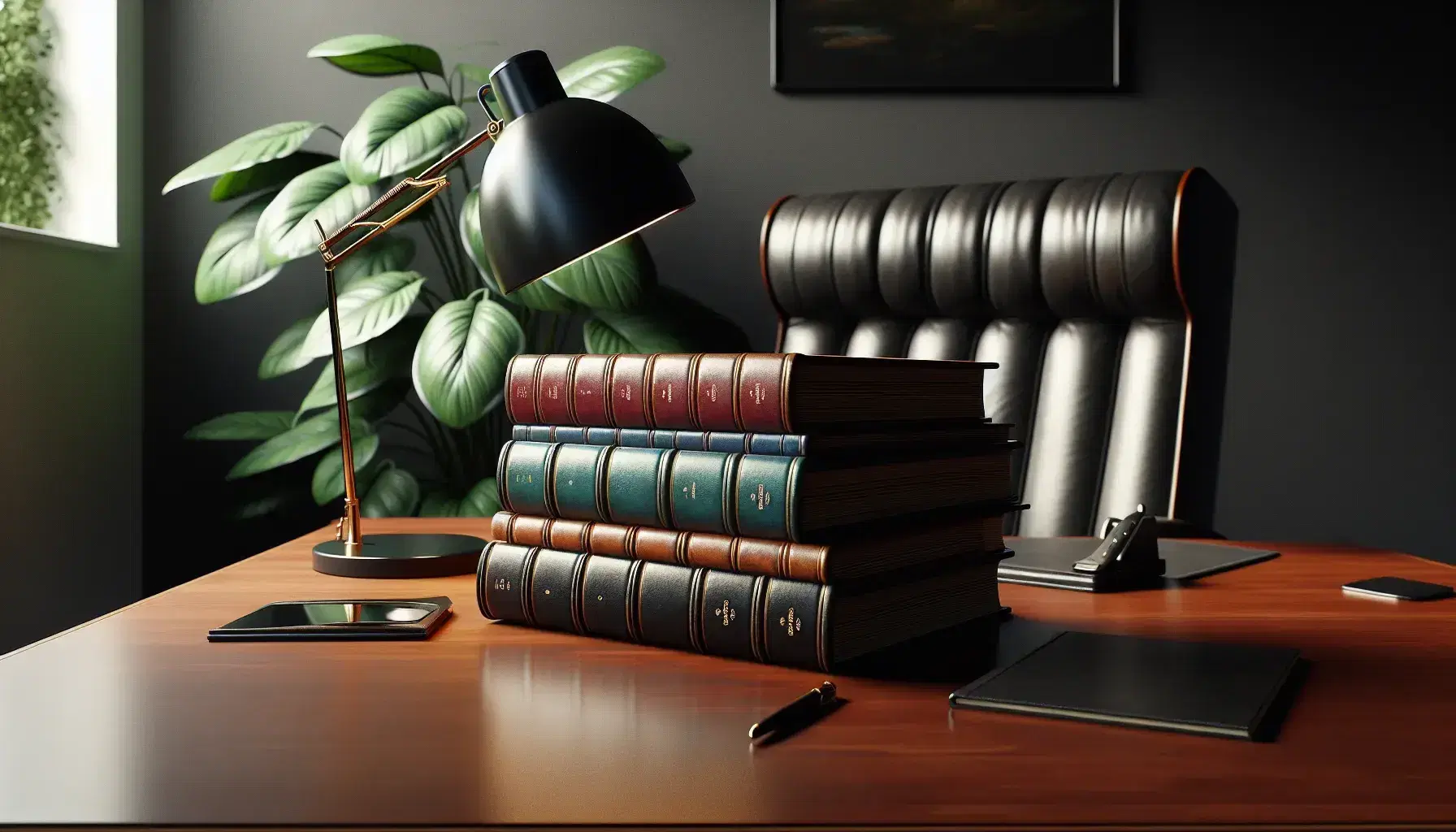 Organized office with polished desk, black desk lamp, stack of colored ledgers, high-backed leather chair, green potted plant, and window with blinds.