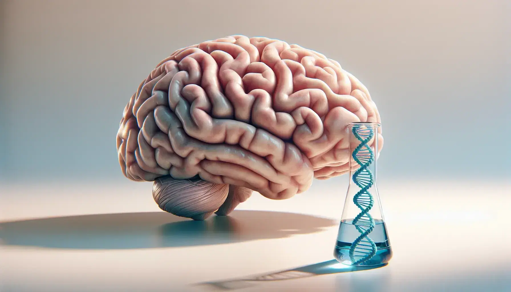 Human brain in side view with sulci and gyrus, test tube with blue liquid and DNA double helix, blurry green leaves in background.