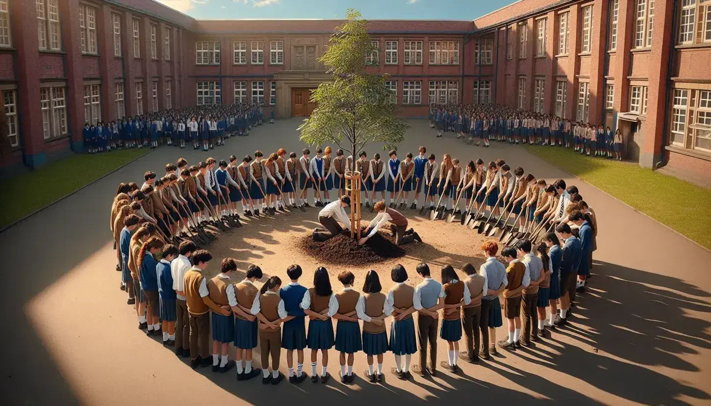 Estudiantes de diversas edades y etnias plantando un árbol joven en el patio de una escuela bajo un cielo azul, reflejando cooperación y educación ambiental.