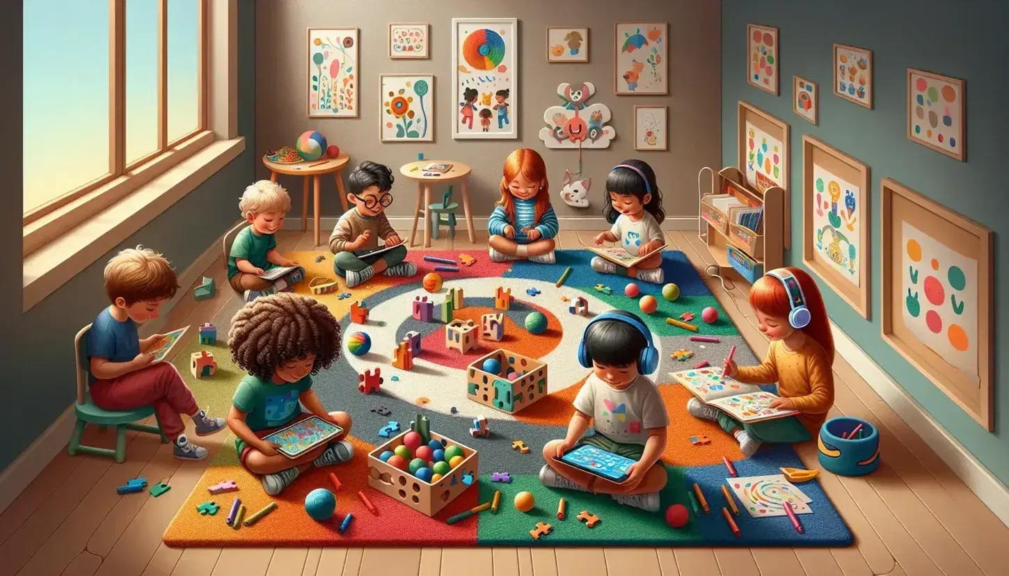 Children engaged in educational activities on a colored carpet in the classroom: puzzles, educational apps, drawing with markers, reading and sensory balls.