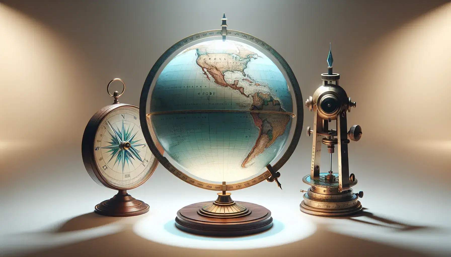Globo terráqueo iluminado sobre soporte de madera con brújula antigua y teodolito de bronce a los lados en fondo beige neutro.