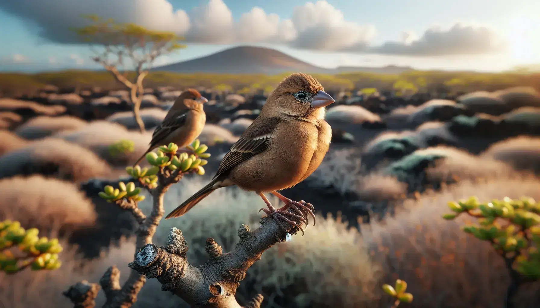 Pinzón de plumaje marrón posado en rama con paisaje de Galápagos al fondo, vegetación escasa y rocas volcánicas, bajo cielo azul con nubes dispersas.