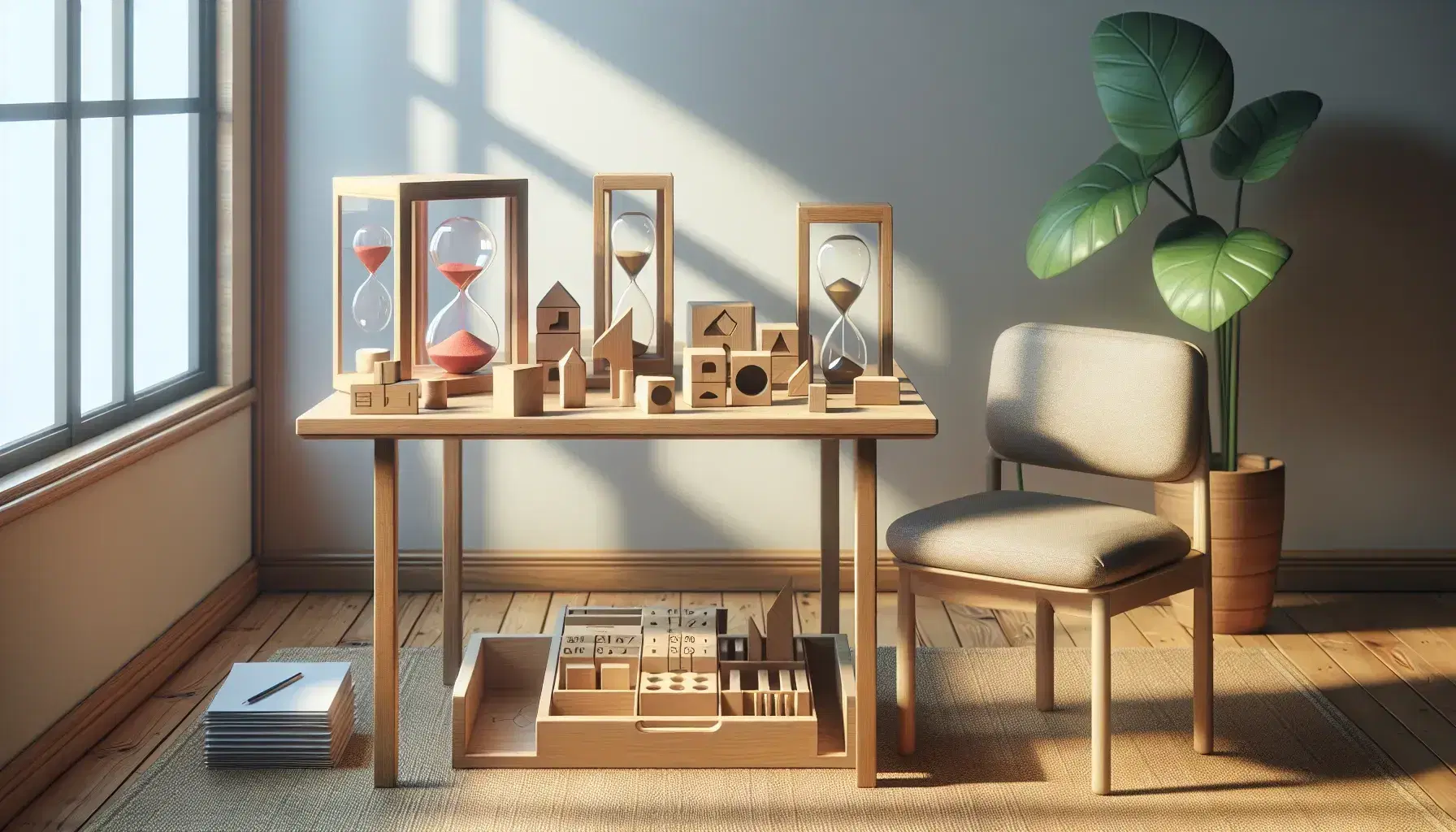 Mesa de madera clara con bloques geométricos de colores, reloj de arena y papeles, junto a silla con cojín gris y planta en fondo beige.