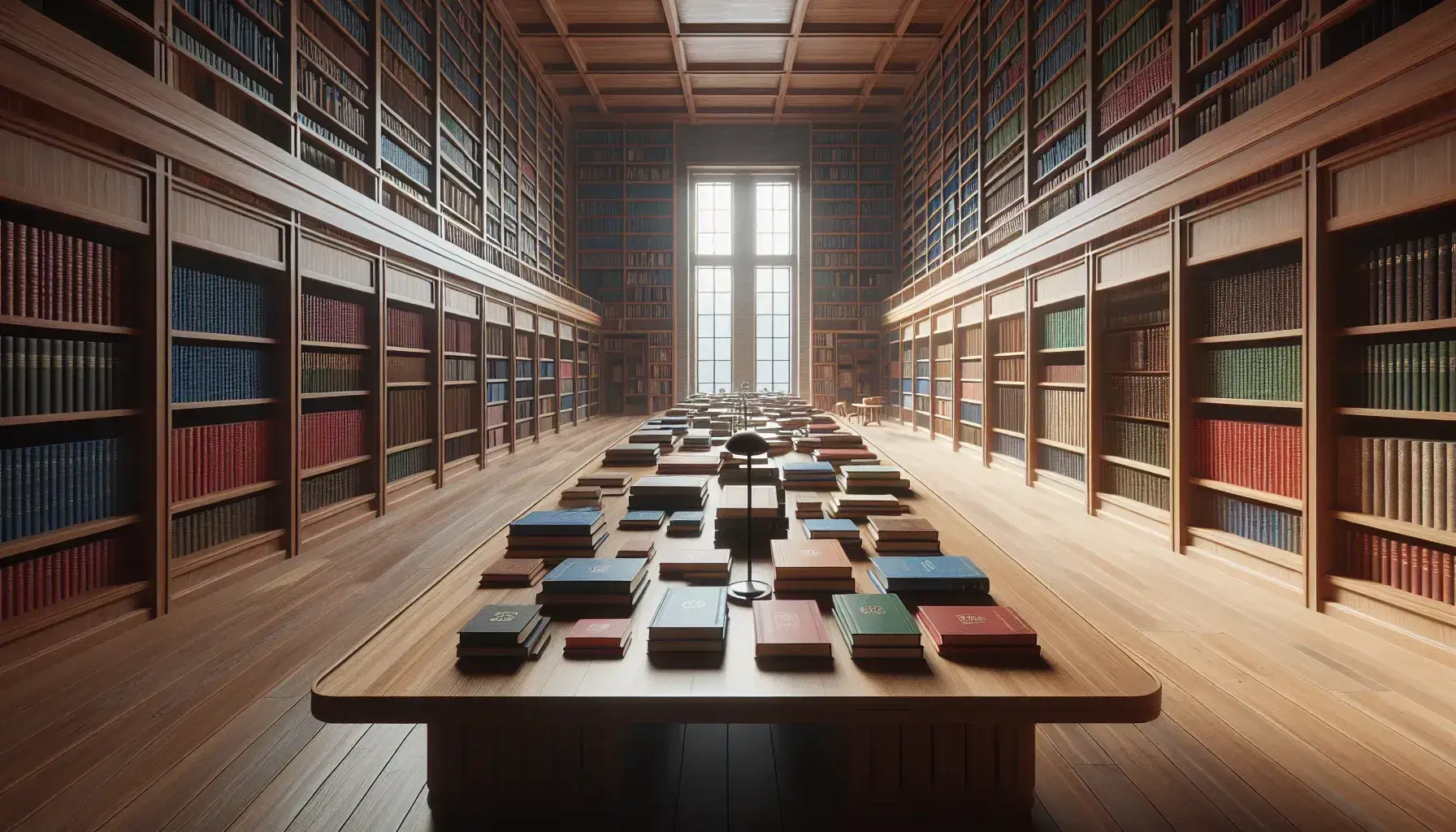 Biblioteca amplia y luminosa con mesa de madera y libros apilados sin texto visible, estanterías llenas y silla con cojín azul, luz natural y lámpara de pie.