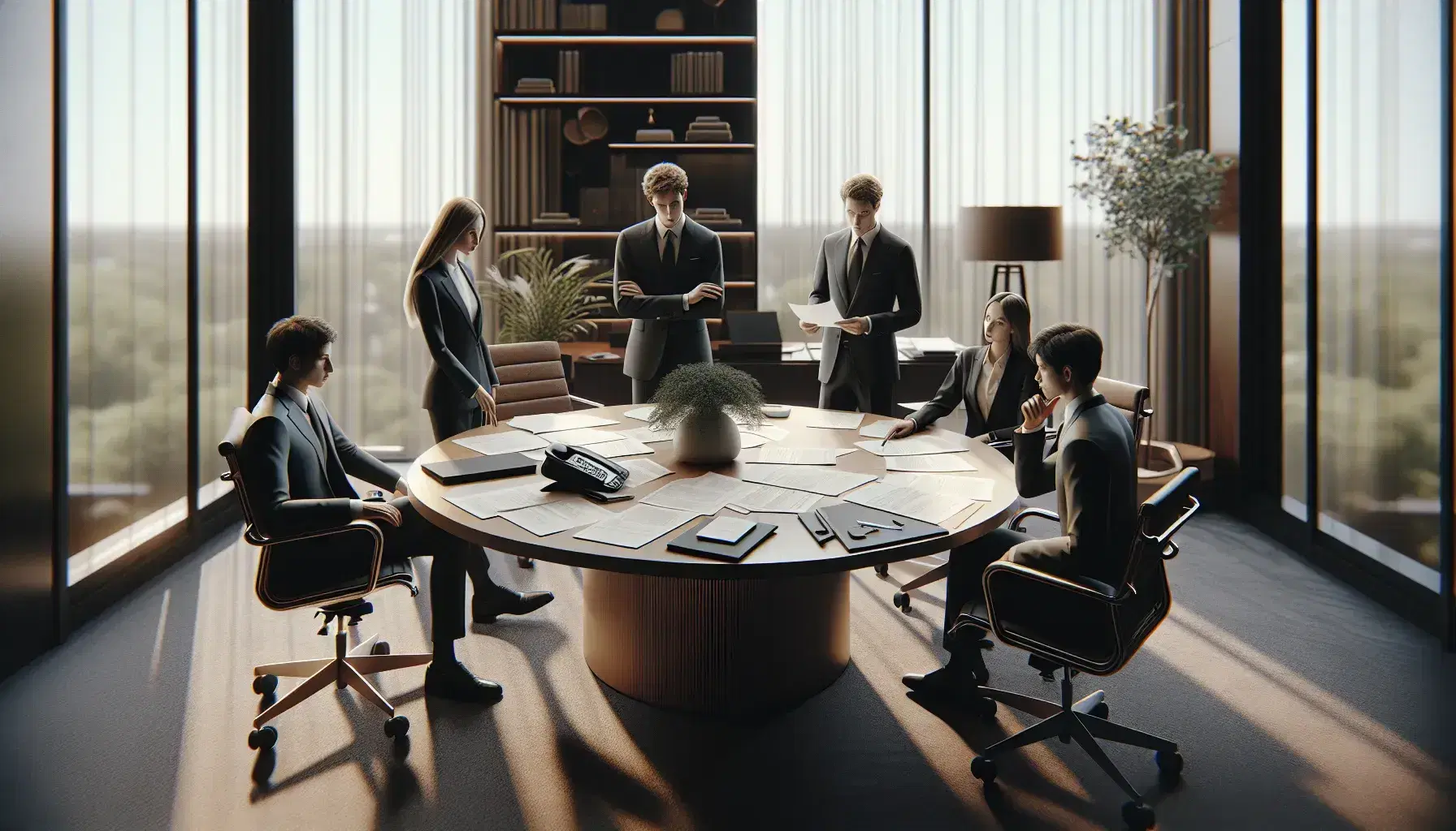 Grupo de cinco profesionales en reunión de trabajo en oficina de hotel, con mesa redonda, documentos y decoración de plantas, iluminación suave y ventana al fondo.