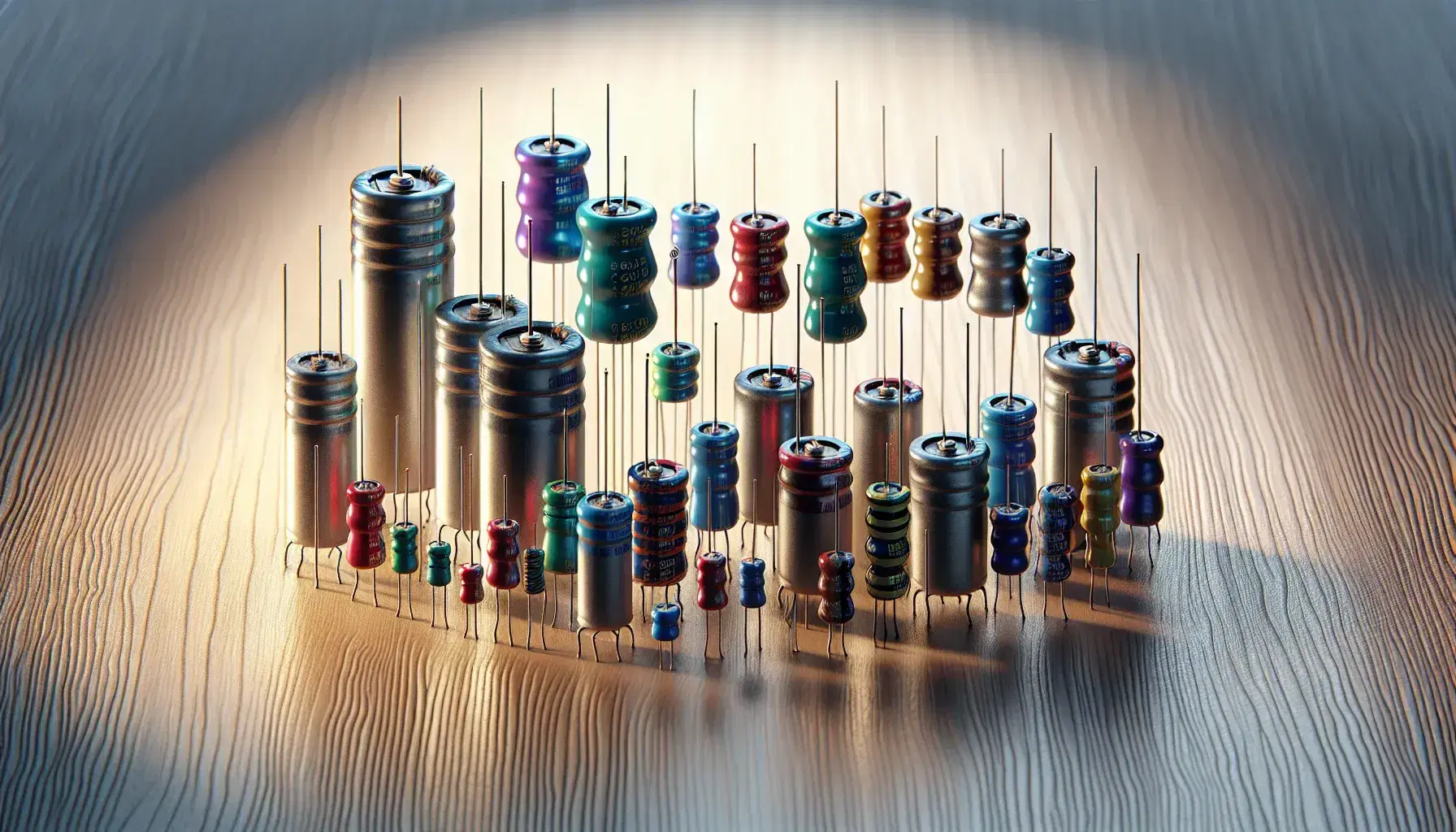Capacitores cilíndricos de distintos tamaños y colores sobre superficie de madera clara, con cables conductores soldados en algunos y sombras suaves a la derecha.