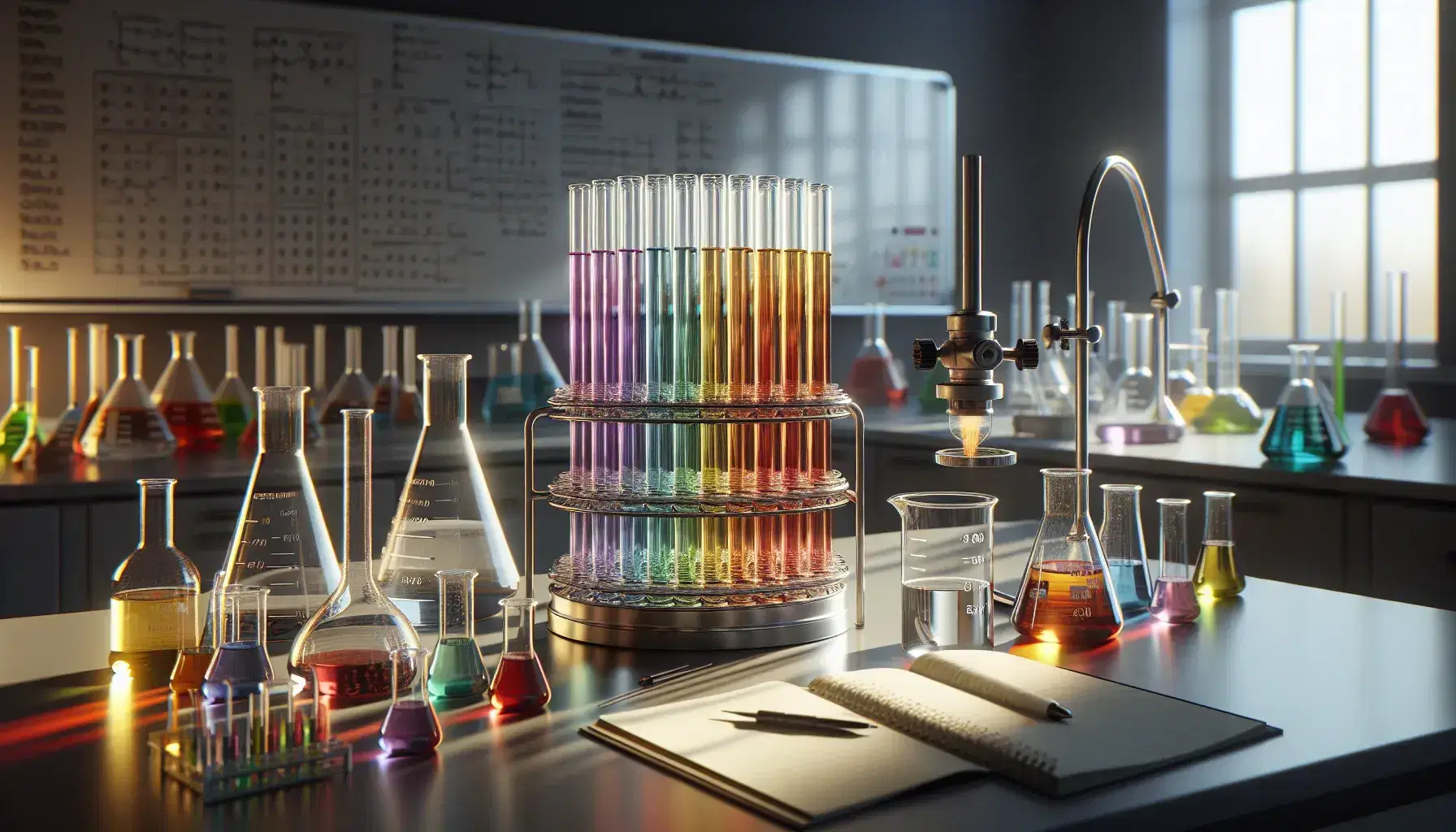 Laboratorio chimico con provette colorate su scaffale metallico, becher trasparente e cilindro graduato con liquido giallo pallido, senza fiamma visibile del Bunsen.