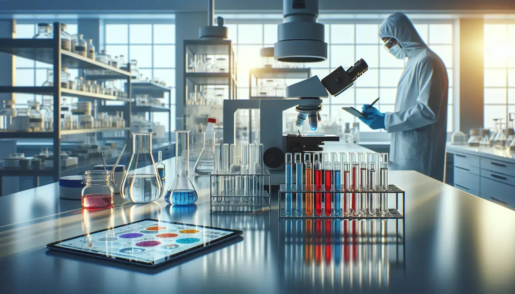 Laboratorio científico moderno con tubos de ensayo de colores en soporte metálico, microscopio electrónico y científico anotando datos en tableta digital.