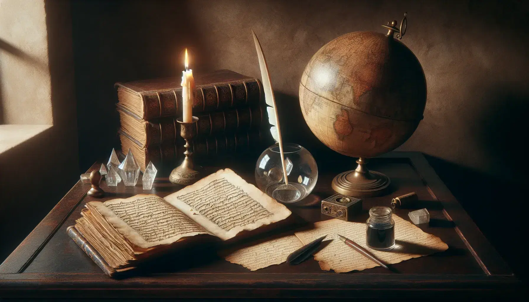Scrivania in legno scuro con manoscritto antico, sfera di cristallo, calamaio con penna d'oca e globo terrestre, in atmosfera vintage.