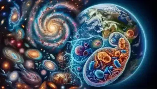 Cosmic scene with spiral galaxy, stars and nebulae at the top, and detail of the Earth and human cell with organelles at the bottom.