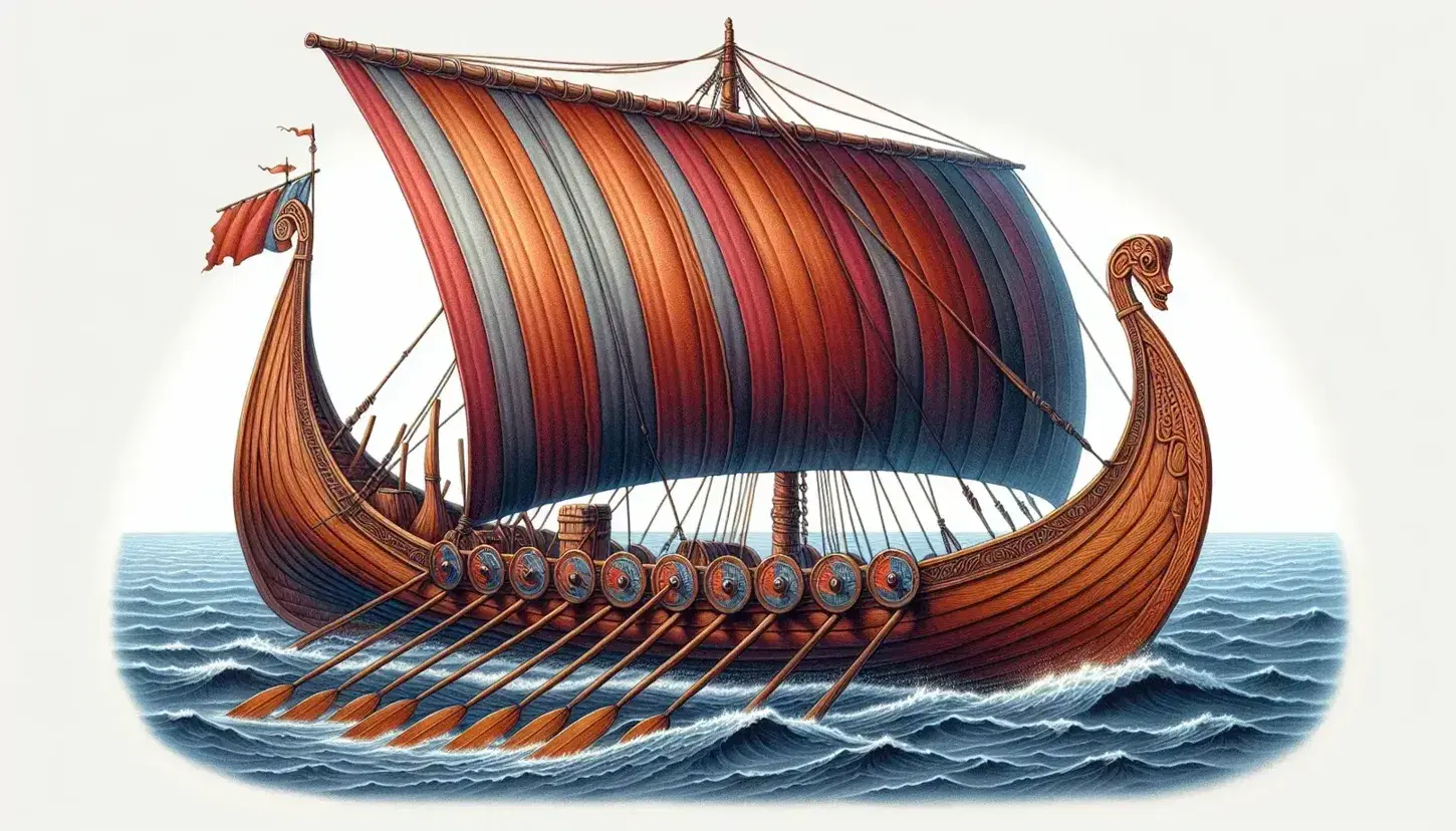 Traditional Viking longship at sea with a red sail, ornate carvings, and shields in yellow and blue, near a rugged, green coastline under a clear sky.