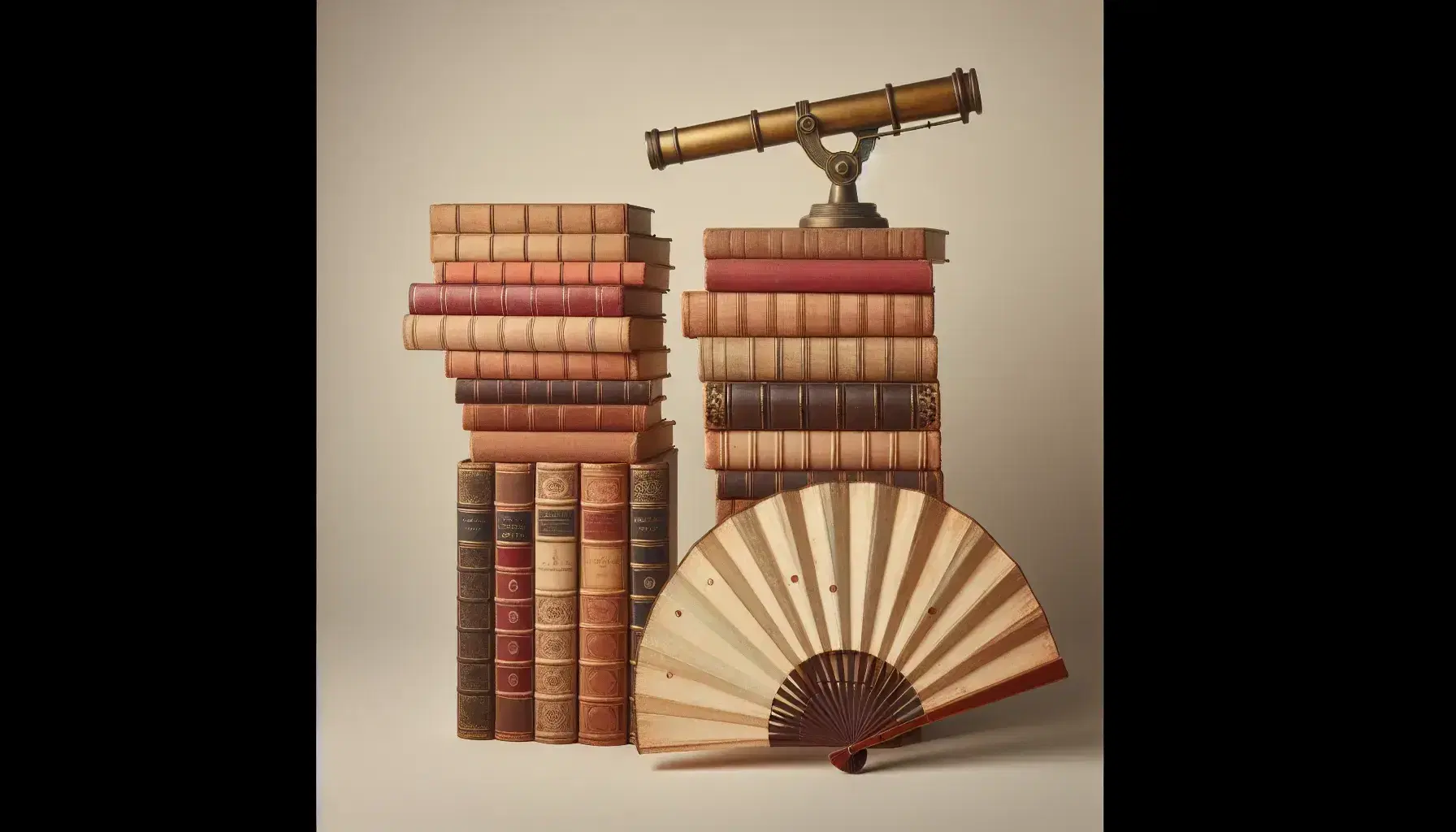 Vintage hardcover books in shades of brown and burgundy with an antique brass telescope and a traditional Chinese folding fan on a plain background.