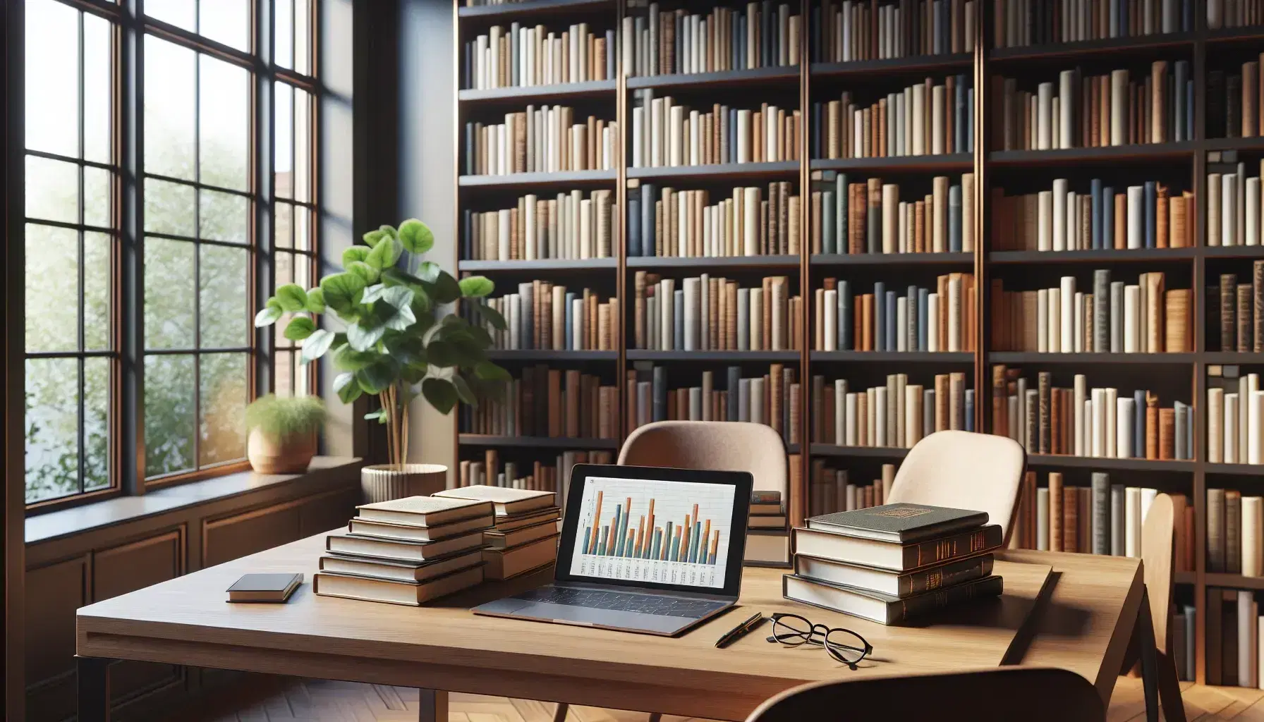 Biblioteca académica iluminada con estantes de madera oscura llenos de libros, mesa de estudio con libros abiertos, laptop con gráficos y gafas, luz natural y planta verde.