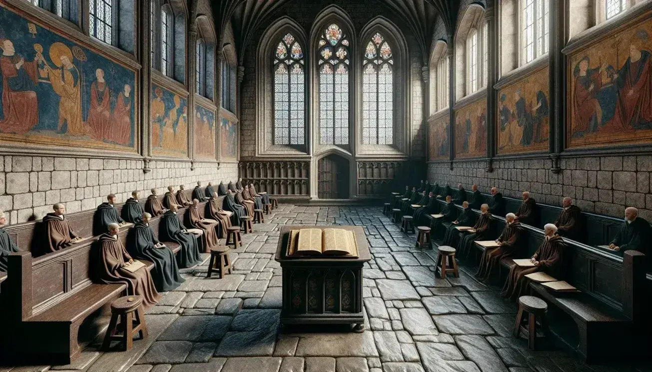 Aula universitaria medievale con banchi in legno, leggio e libro, finestra gotica colorata e figure in toga in discussione.
