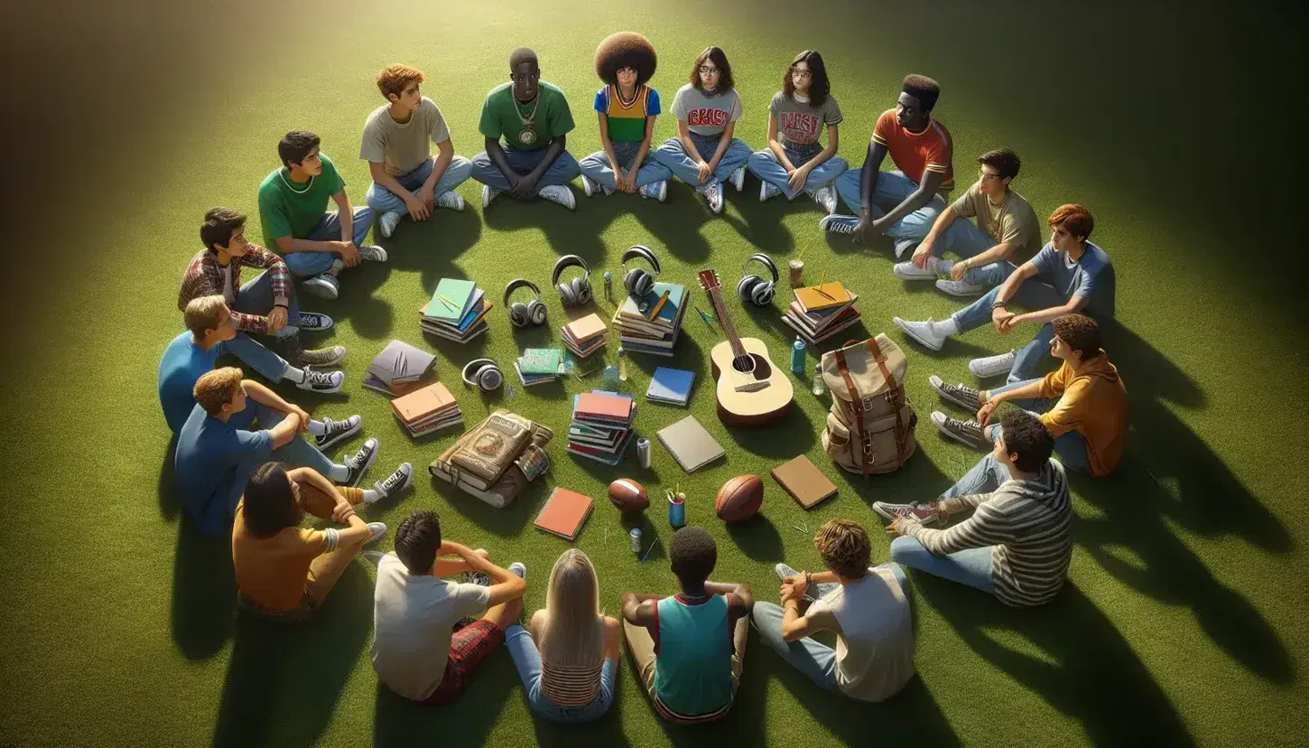 Grupo diverso de adolescentes sentados en círculo en un parque con un balón de fútbol, libros, auriculares, guitarra y mochila, disfrutando de una tarde soleada.