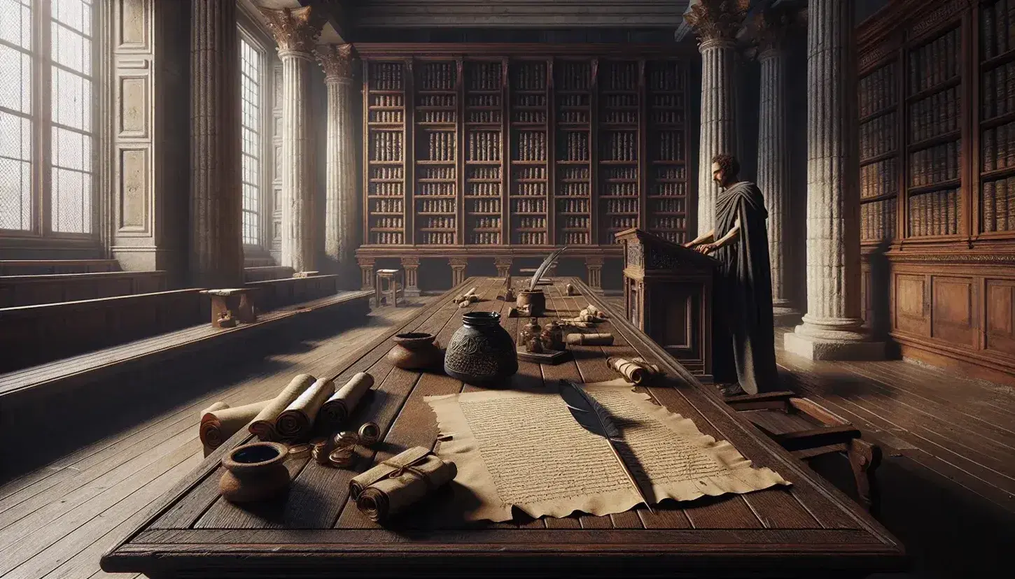 Aula di lezione antica con tavolo in legno, pergamene, calamaio e uomo in abiti d'epoca accanto a scaffali di libri in pelle sotto luce naturale.