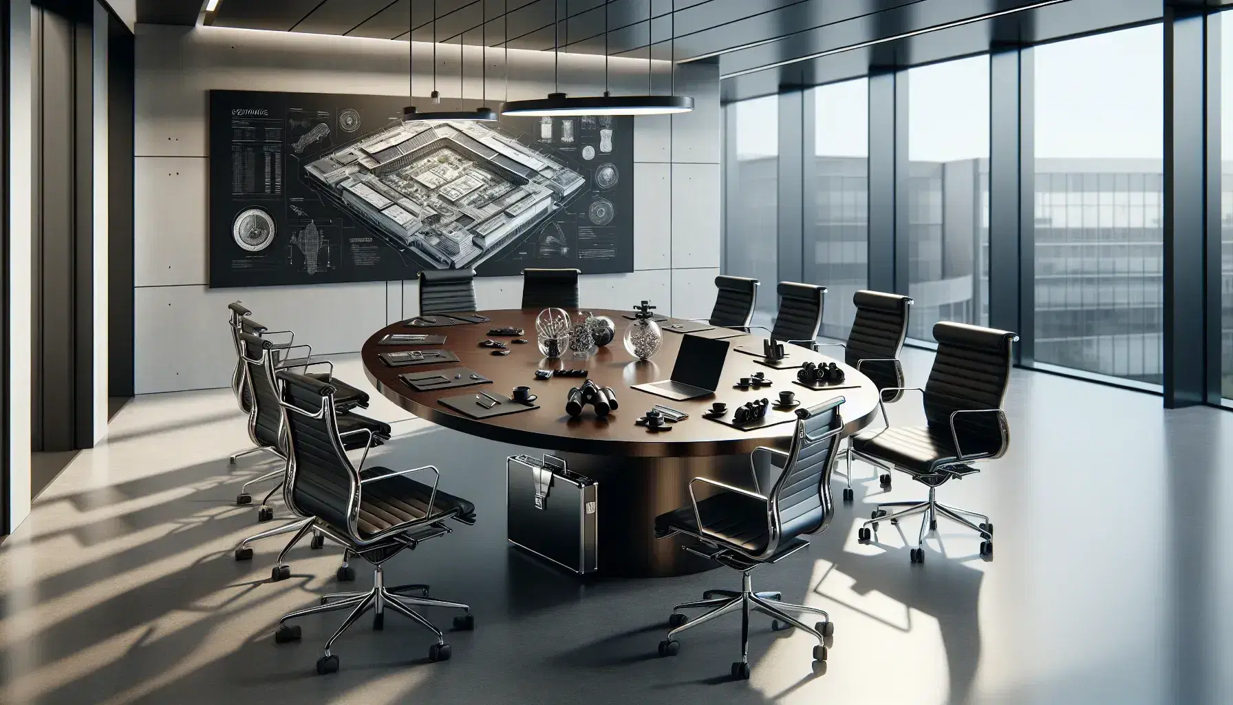 Modern corporate office with oval conference table, ergonomic chairs, security risk assessment tools, and large windows providing natural light.