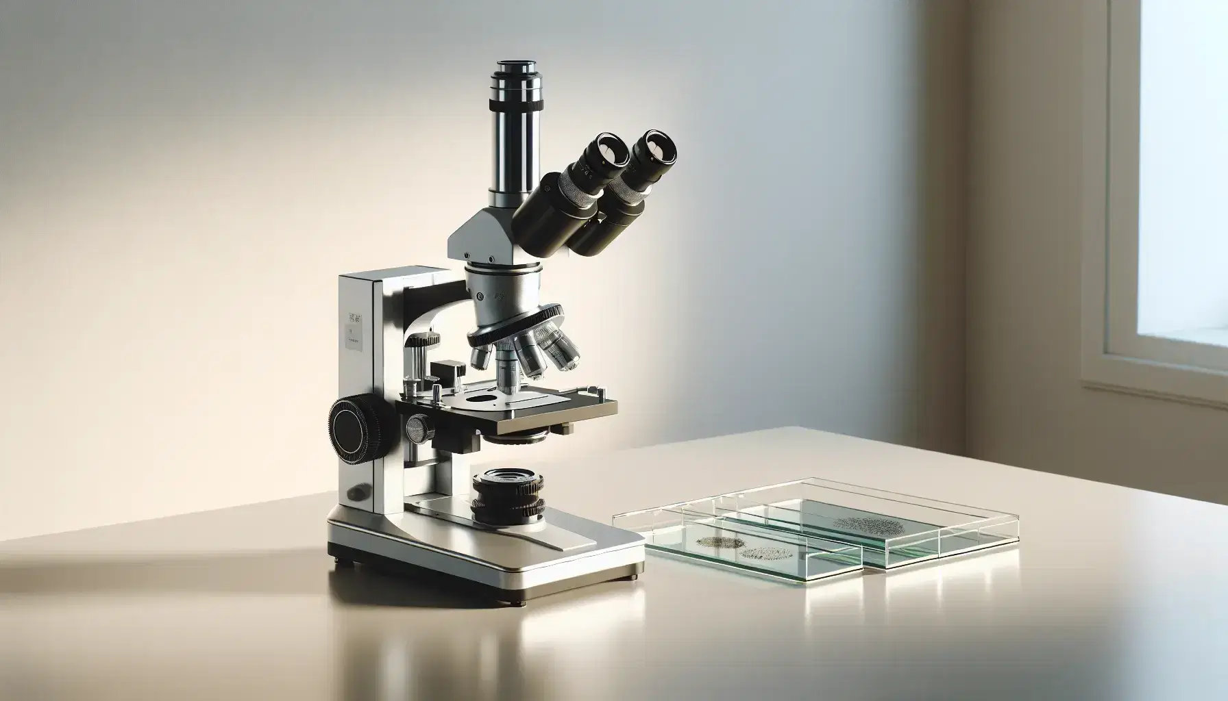 Microscopio óptico moderno de color plata y negro sobre mesa de laboratorio clara con portaobjetos de vidrio al lado, iluminado suavemente, sin personas.