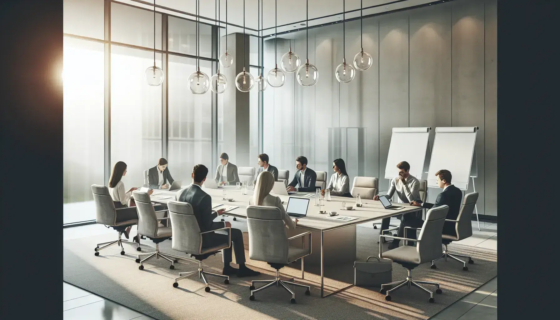 Gruppo di professionisti in riunione attorno a un tavolo rettangolare con laptop, in una sala conferenze luminosa e minimalista.