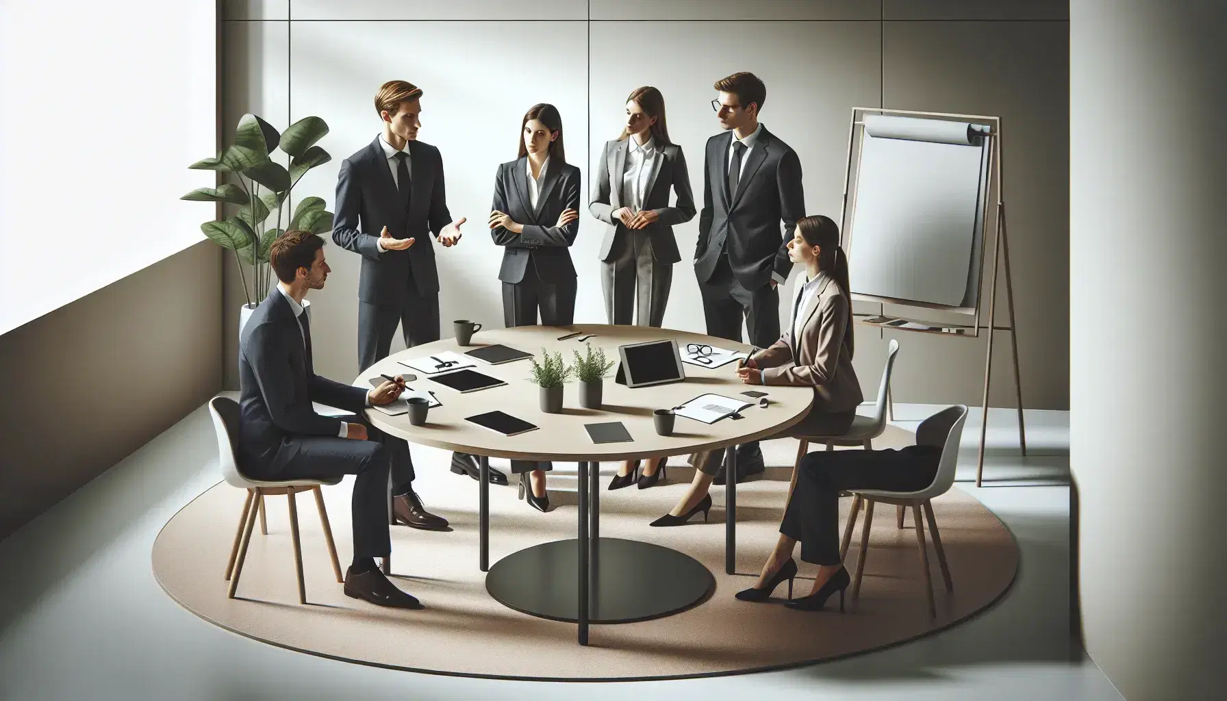Grupo de cinco profesionales en reunión de trabajo alrededor de una mesa redonda con dispositivos electrónicos en una oficina iluminada.
