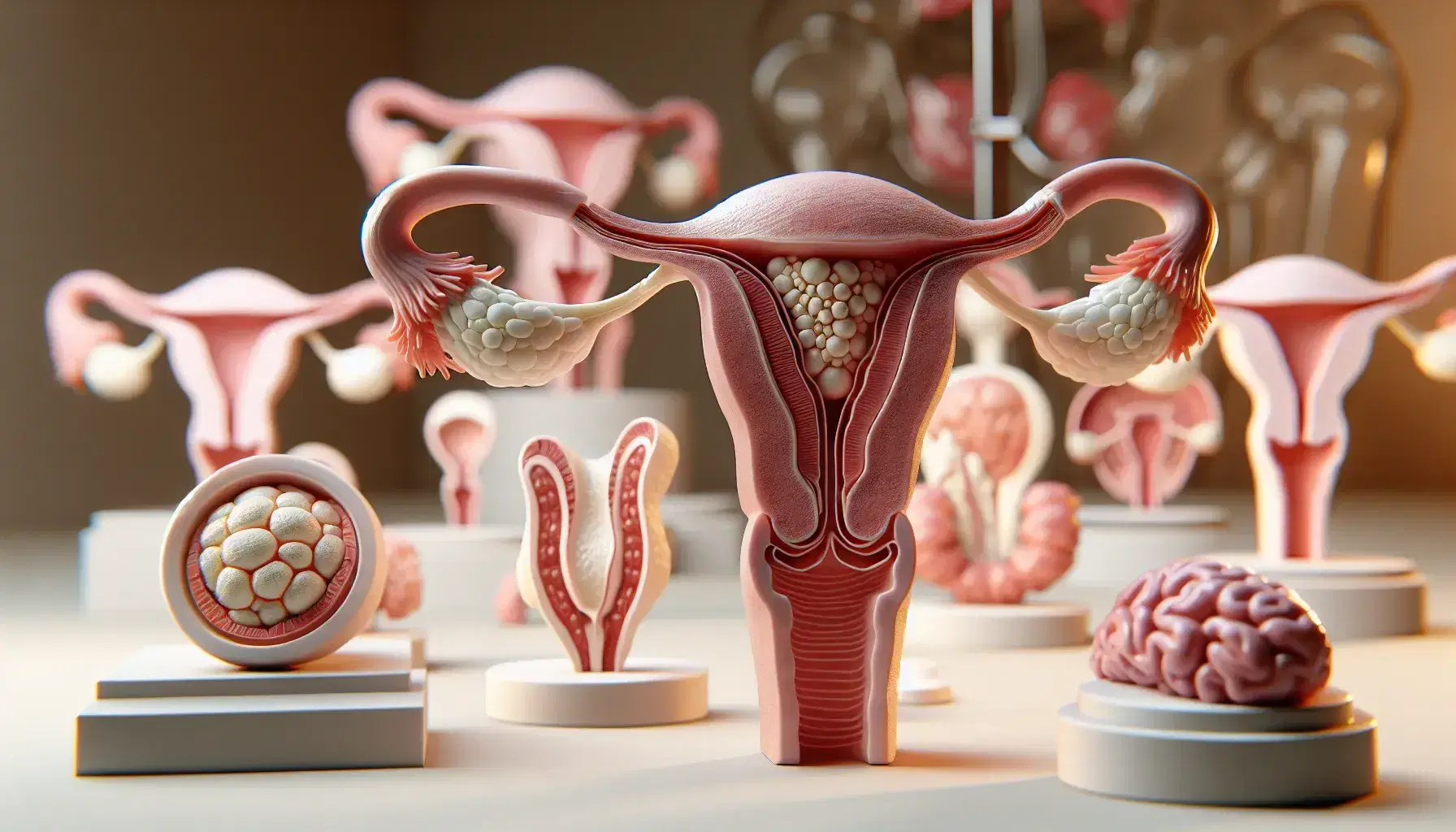 Modelo anatómico tridimensional del sistema reproductor femenino con útero, trompas de Falopio y ovarios en primer plano, y fases del ciclo menstrual al fondo.