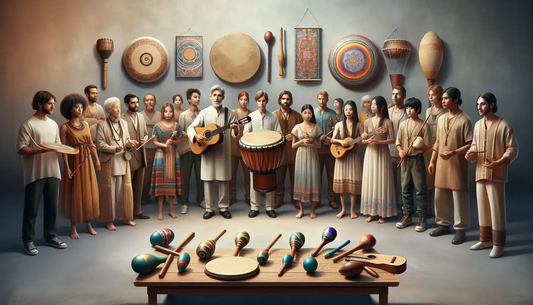Grupo multicultural compartiendo música tradicional con instrumentos variados como tambor, violín, flauta de bambú y maracas, en ambiente cálido al aire libre.