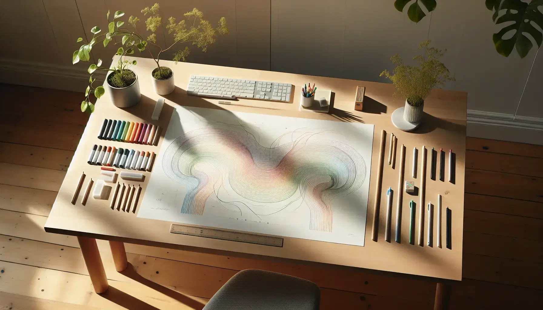 Mesa de estudio de madera clara con papel y líneas curvas de colores, marcadores, lápices, borrador y regla, junto a planta con flores amarillas bajo luz natural.