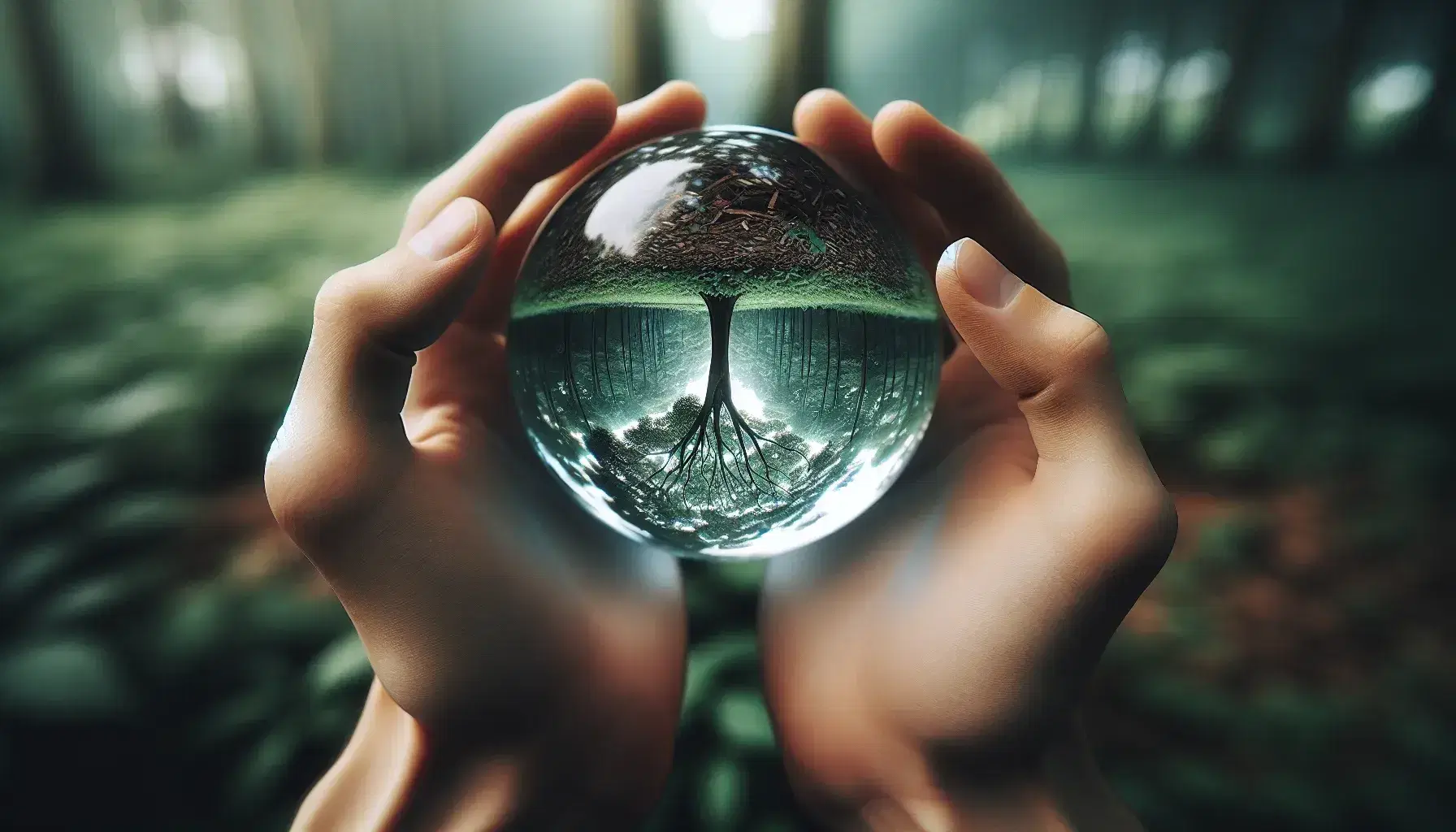 Hands cradling a clear glass sphere with an inverted image of a tree, set against a blurred green and brown background.