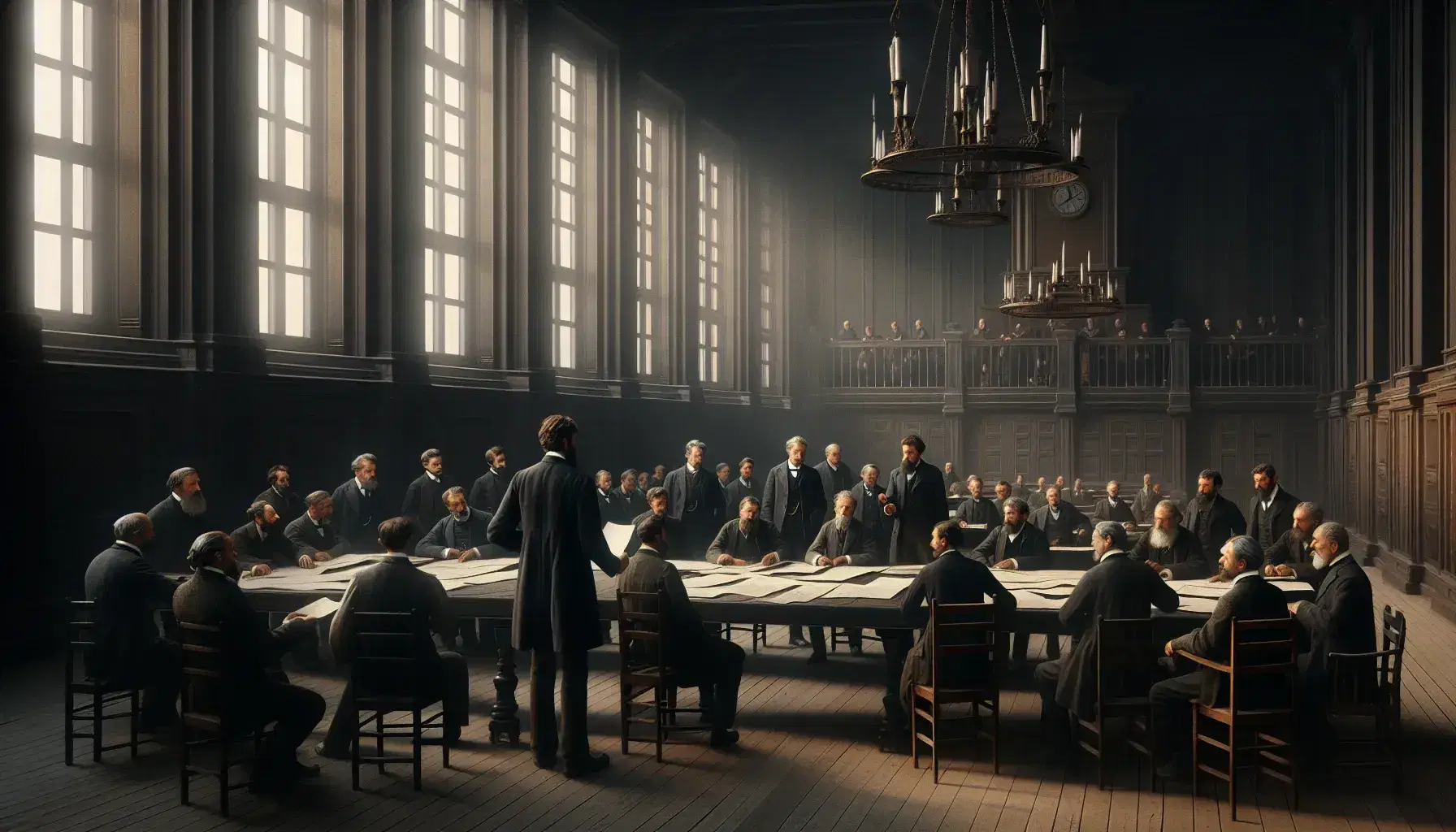Grupo de hombres del siglo XIX en trajes oscuros alrededor de una mesa con documentos, en una sala iluminada naturalmente, con uno gesticulando en un debate serio.