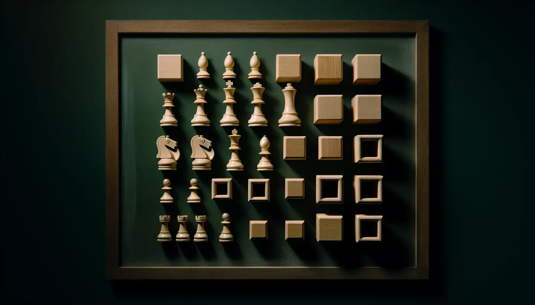 Tablero de ajedrez con piezas blancas en formación de matriz y bloques de madera geométricos en disposición similar sobre fondo oscuro.