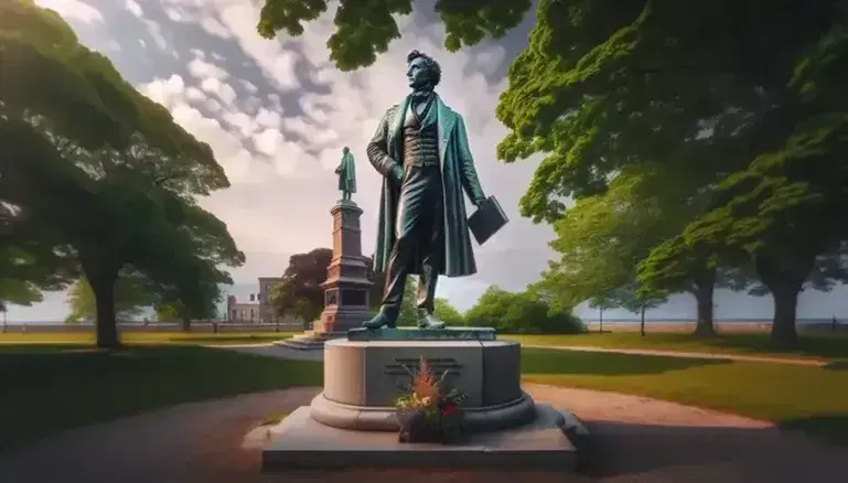 Estatua de bronce de hombre del siglo XIX con libro en mano, sobre pedestal en parque, con árboles y cielo parcialmente nublado de fondo.