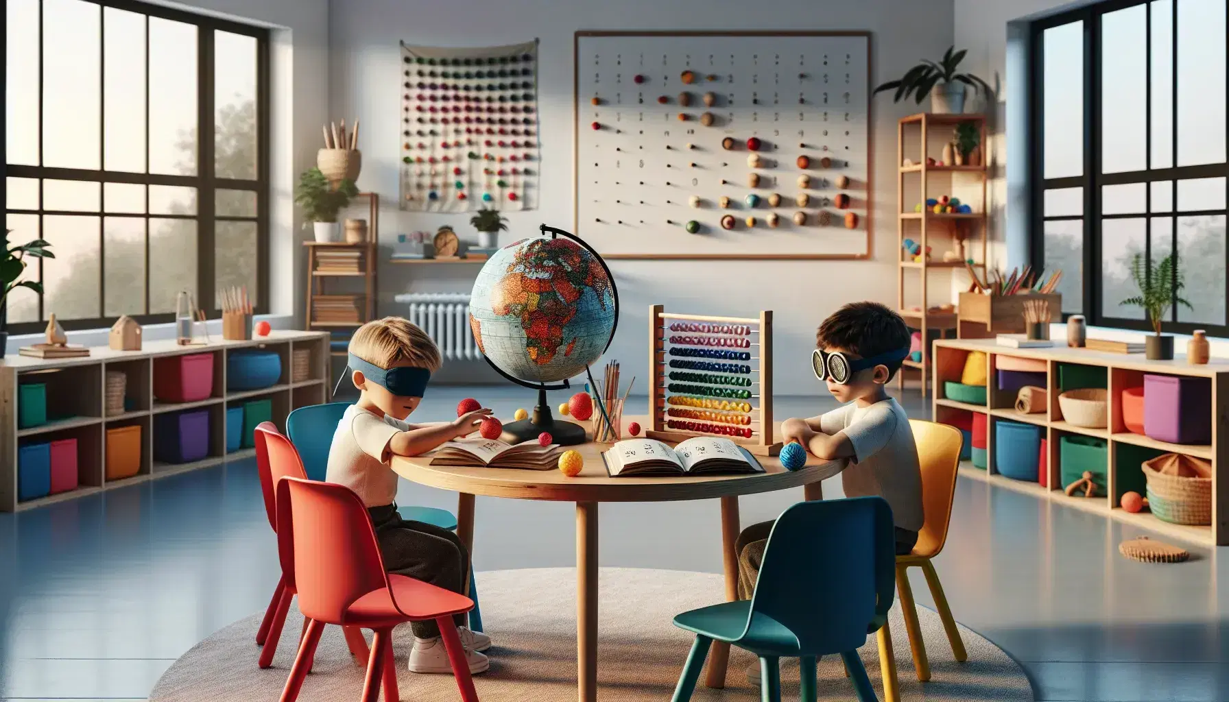 Aula escolar colorida con niño con venda tocando un globo táctil y niña leyendo libro en braille, sillas de colores y estante con objetos sensoriales.