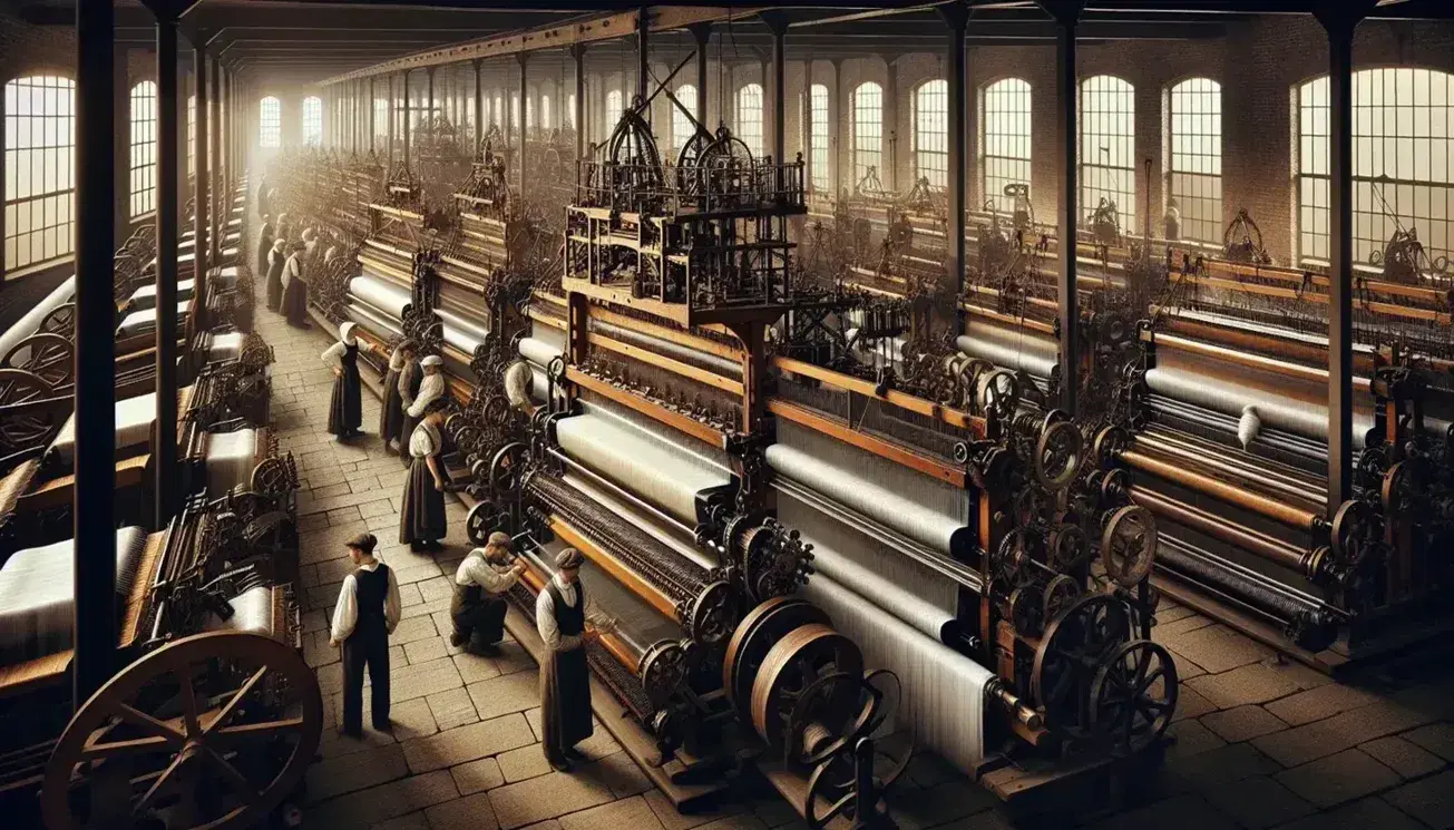 Escena de una fábrica textil de la Revolución Industrial con telares de madera y metal, hilos blancos y beige, y trabajadores en ropa de época.