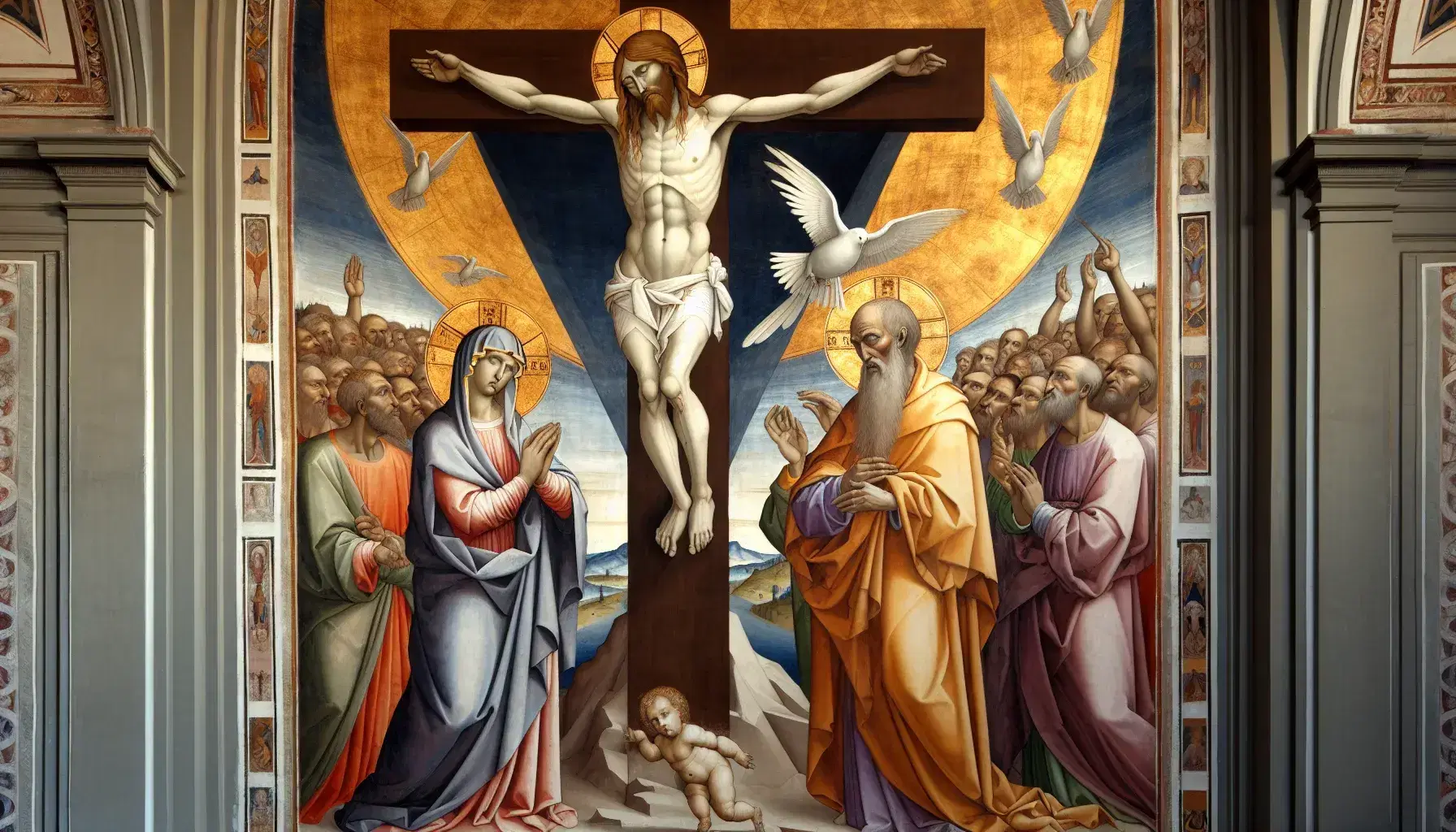 Affresco della Trinità di Masaccio con Dio, Cristo in croce, Spirito Santo, Vergine Maria, San Giovanni e un sarcofago con scheletro, in Santa Maria Novella.