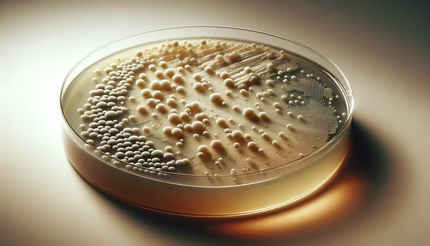 Close-up view of bacterial colonies in a petri dish, showcasing various sizes of round dots on a beige agar medium against a blurred background.
