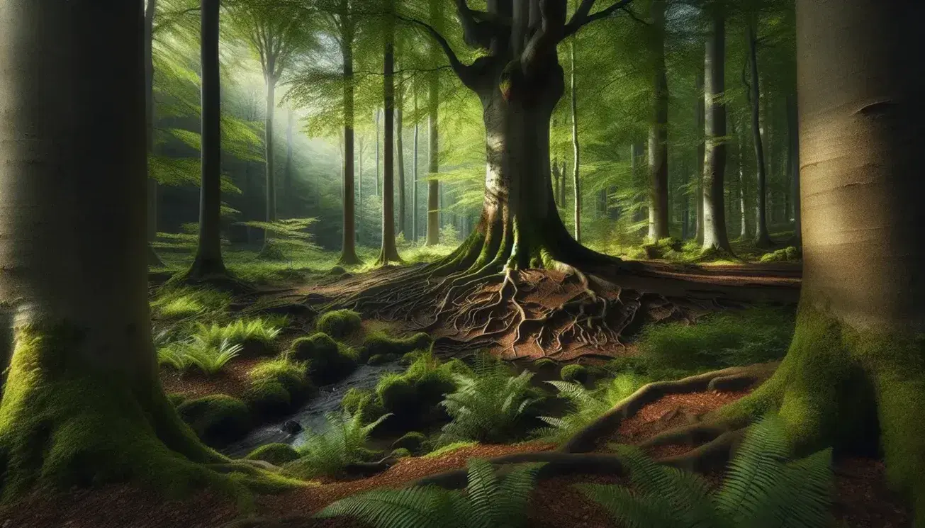 Foresta rigogliosa con alberi maestosi, radici imponenti, sottobosco di felci e ruscello scintillante, senza presenza umana o animale.