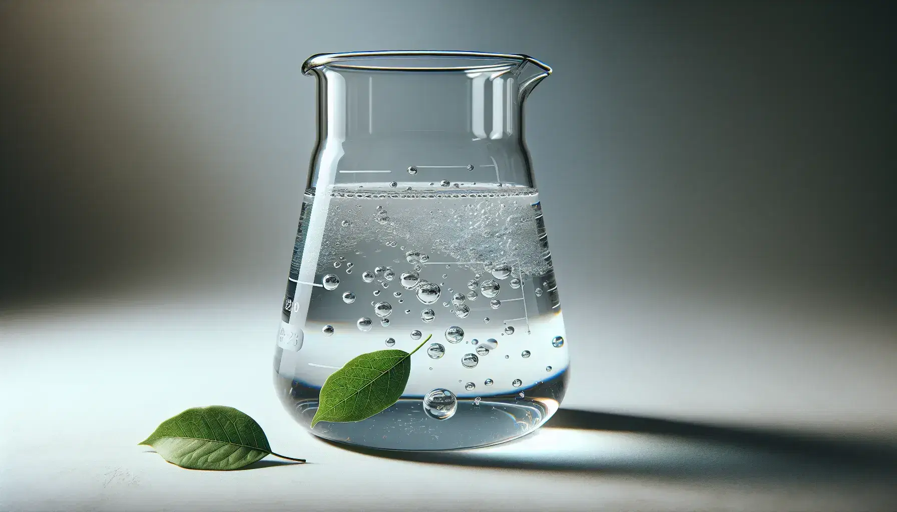 Transparent glass beaker with water and bubbles on white surface, partially immersed green leaf, neutral gray background.