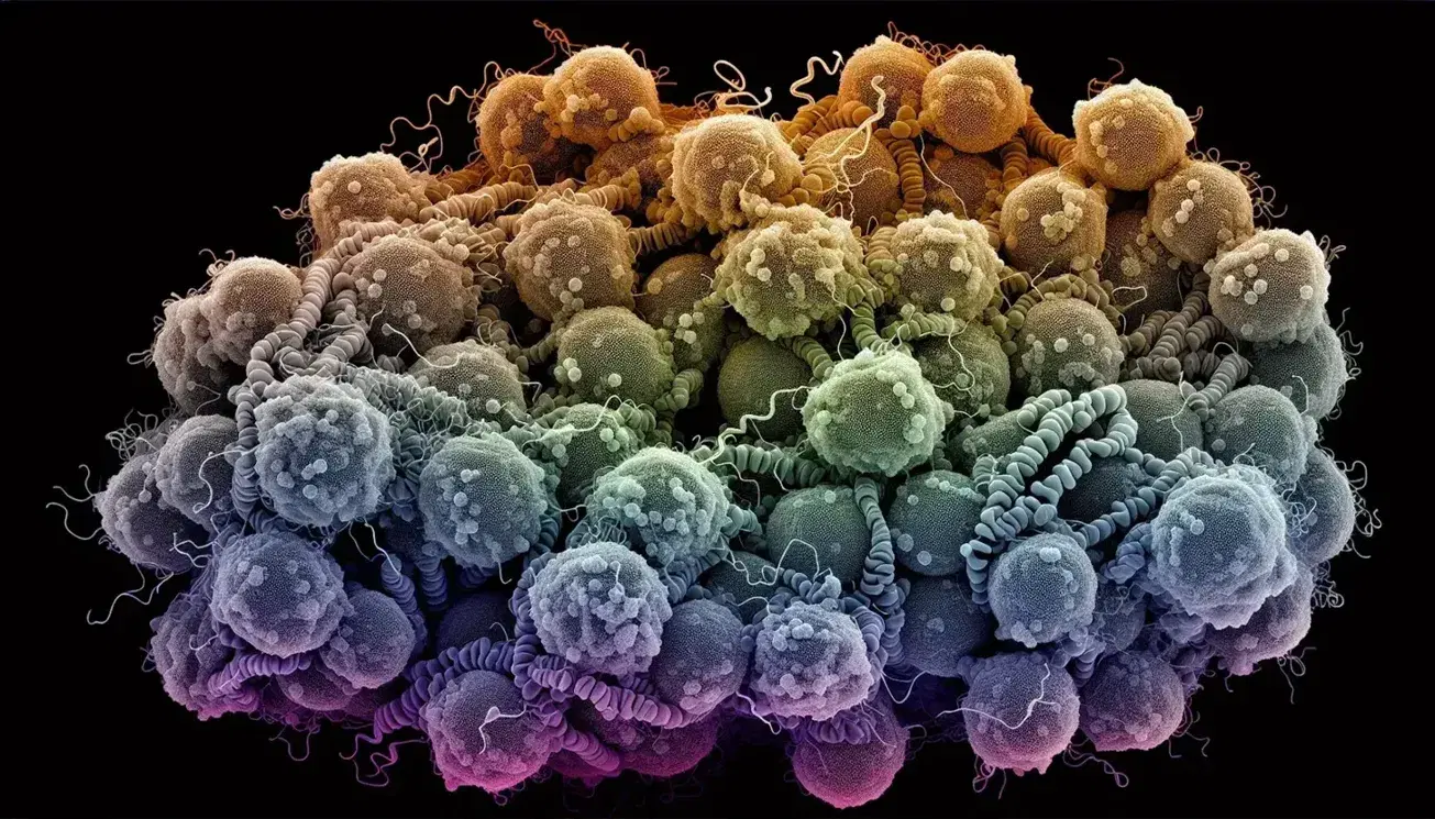 Micrografia elettronica colorata che mostra cromatina e nucleosomi con strutture sferiche collegate da filamenti.