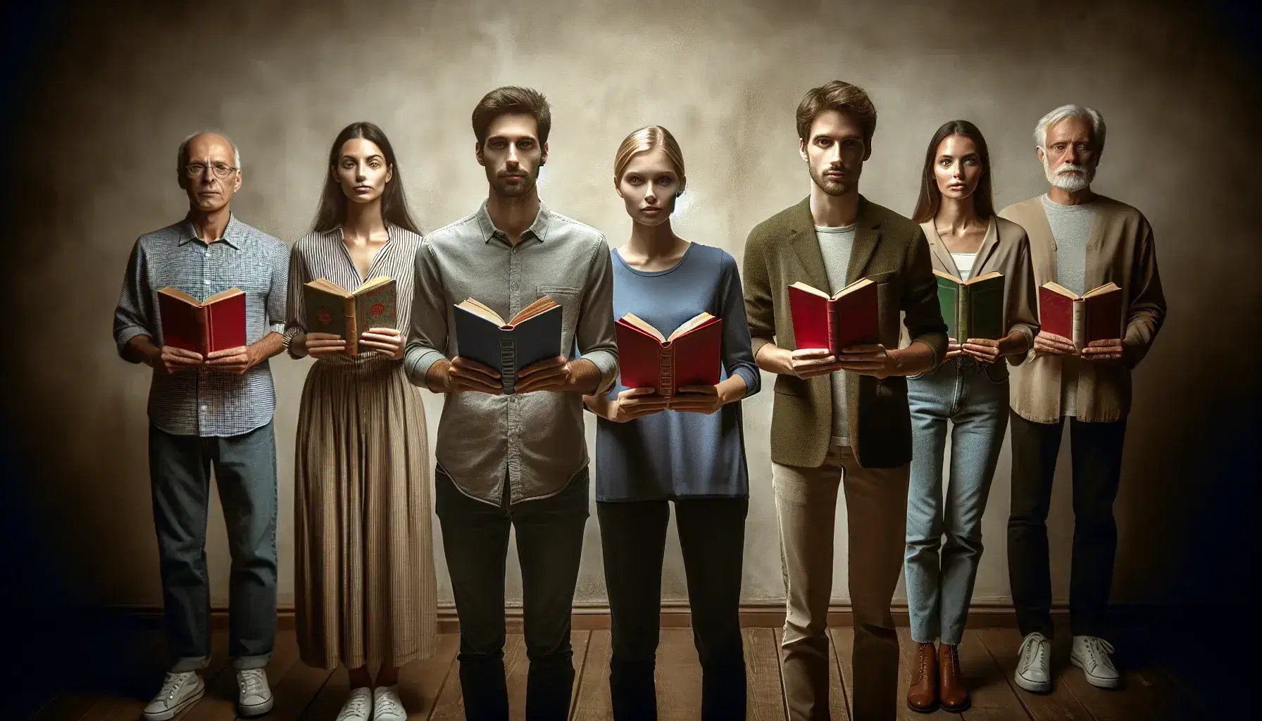 Grupo de cinco personas de diversas edades y estilos sosteniendo libros abiertos de colores variados en semicírculo frente a una pared de piedra.