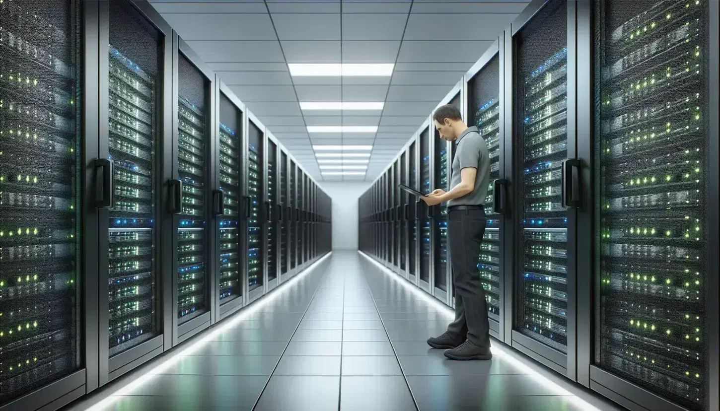 Modern and spacious server room with black racks and green and blue LEDs, technician in gray polo shirt controls a server, white fluorescent lighting.
