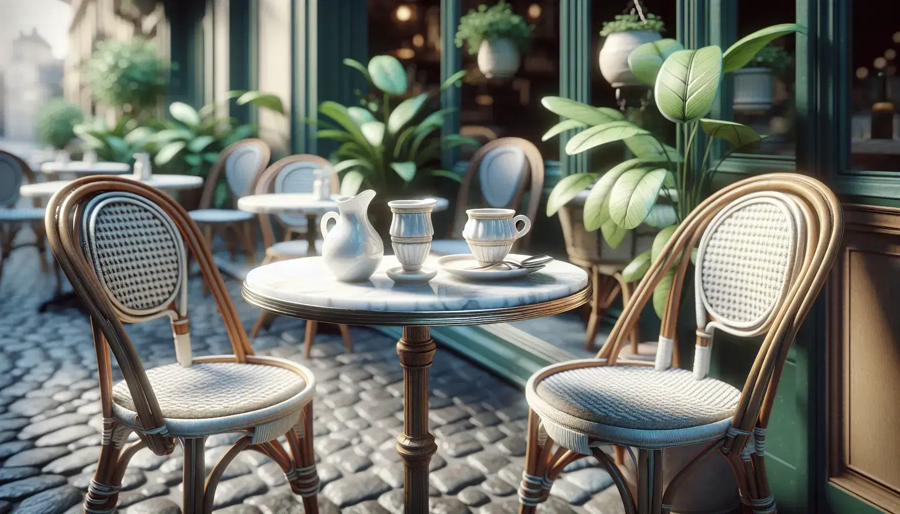 Close-up of a Parisian café setting with a marble-topped bistro table, rattan chairs, espresso cups, creamer, sugar bowl, and a backdrop of lush green plants.