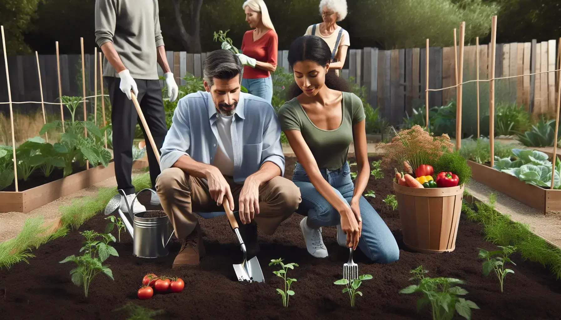 Group of multi-ethnic adults working in a community garden, planting and watering plants on a sunny day.