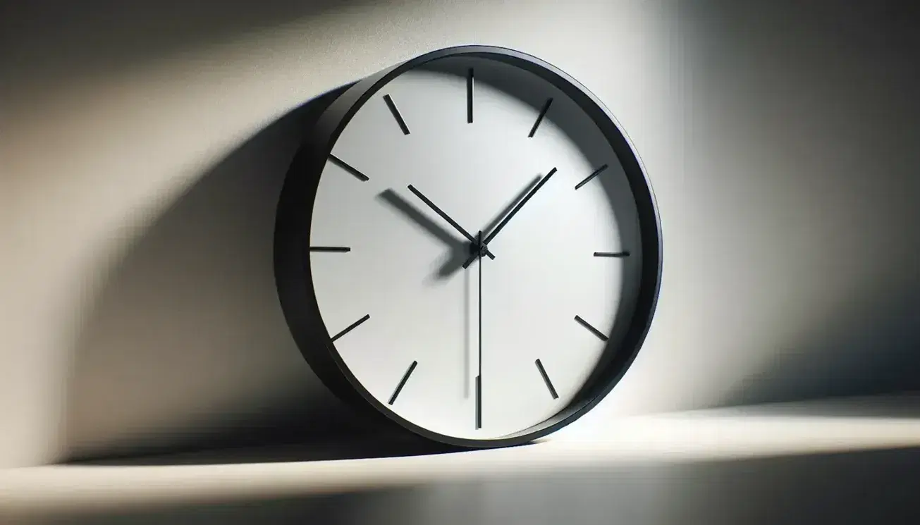 Orologio da parete moderno minimalista con cornice nera sottile, quadrante bianco senza numeri e lancette nere su sfondo bianco con ombra a forma di onda sinusoidale.