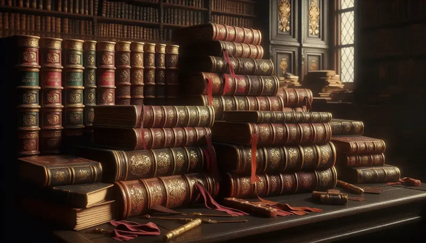 Libri antichi impilati su tavolo in legno scuro con segnalibri in tessuto, in una biblioteca storica illuminata da luce naturale.