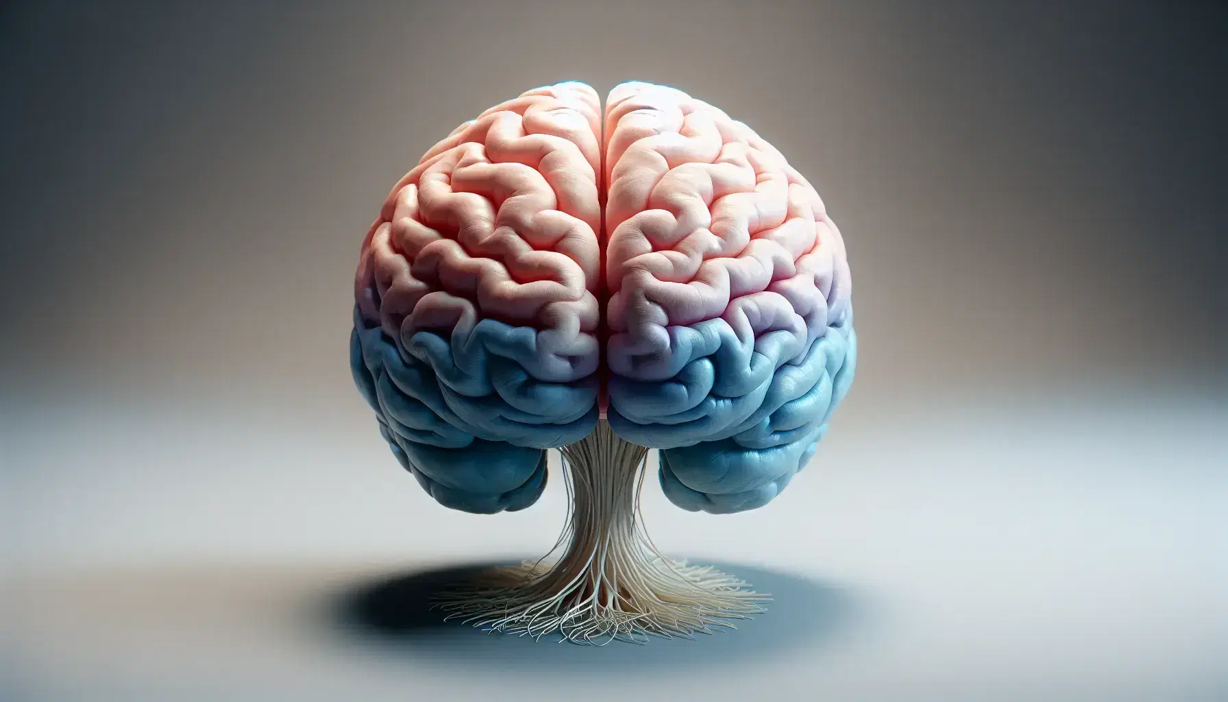 Human brain seen from above with hemispheres in blue and pink, clear longitudinal fissure and detailed model of the corpus callosum on a gray background.
